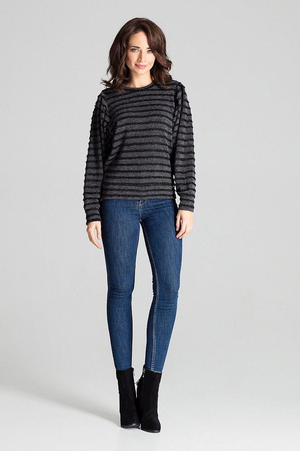 Striped knit blouse with long sleeves and crew neckline in black with dark stripes