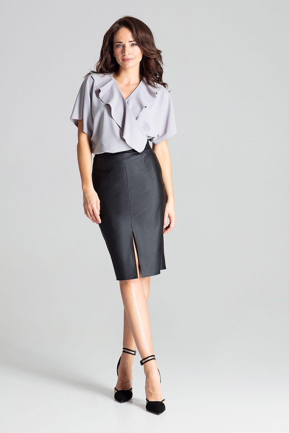 Grey shapewear bodysuit with short sleeves and ruffled V-neck, with dark skirt