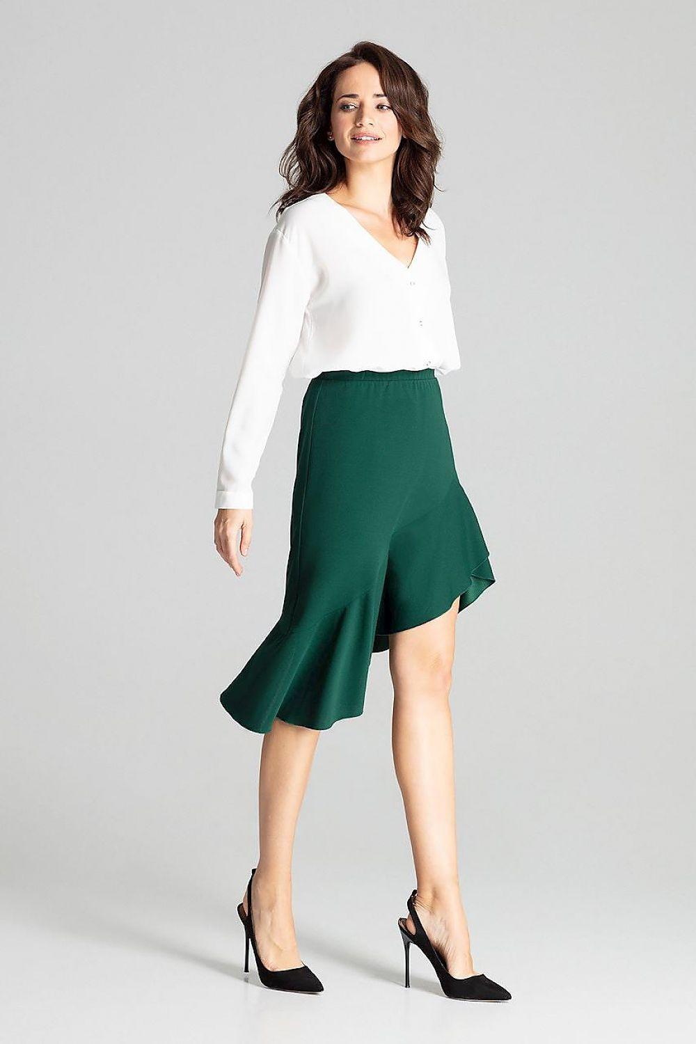 Green asymmetrical midi skirt with high-low hem and flared drape