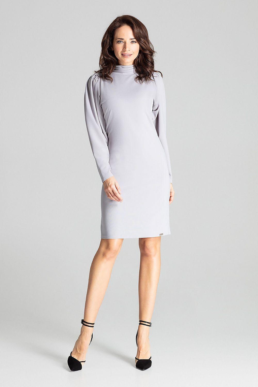 Grey long-sleeve daydress with high neck and fitted knee-length silhouette