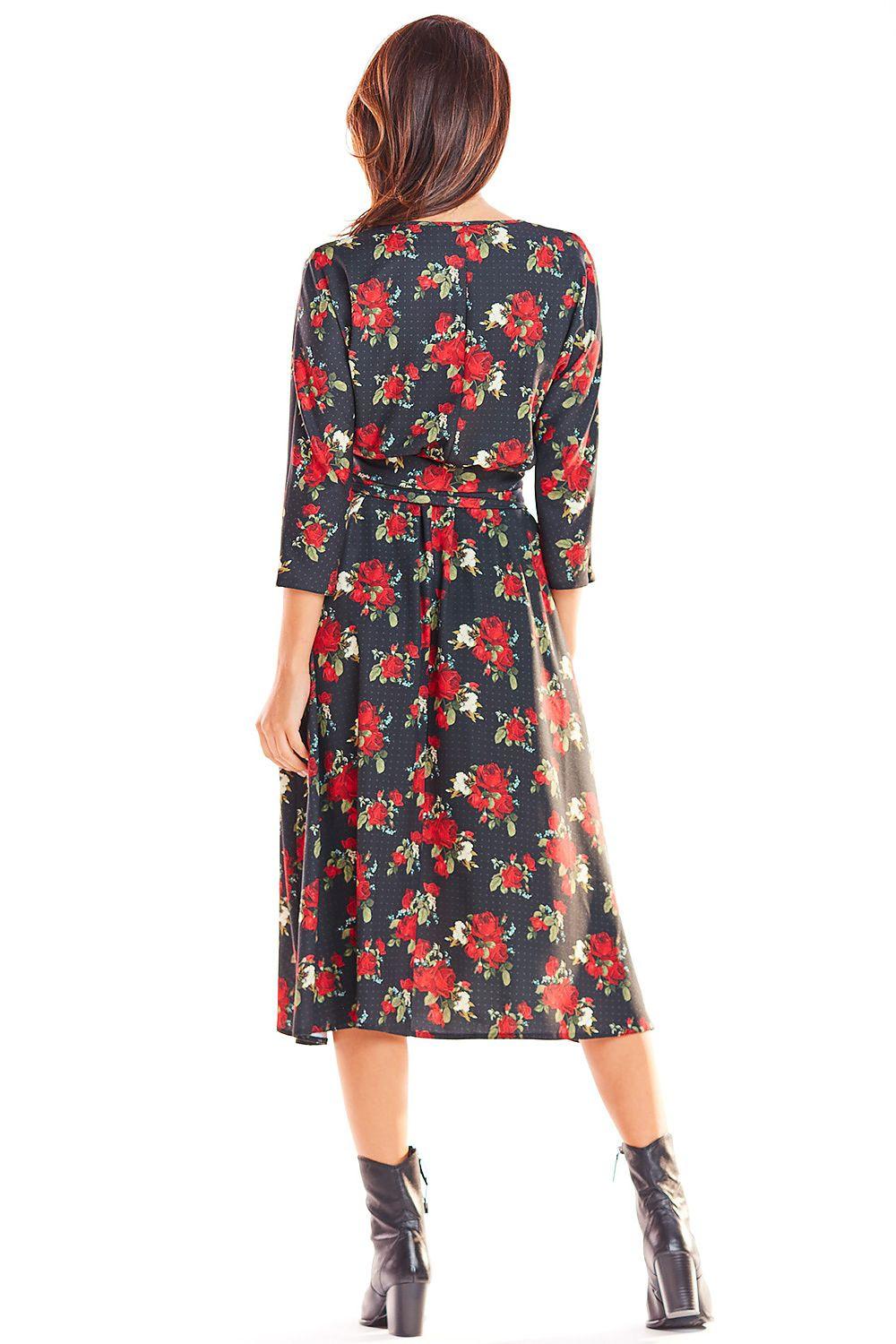 Awama black floral daydress with red flowers, back view, with waist tie