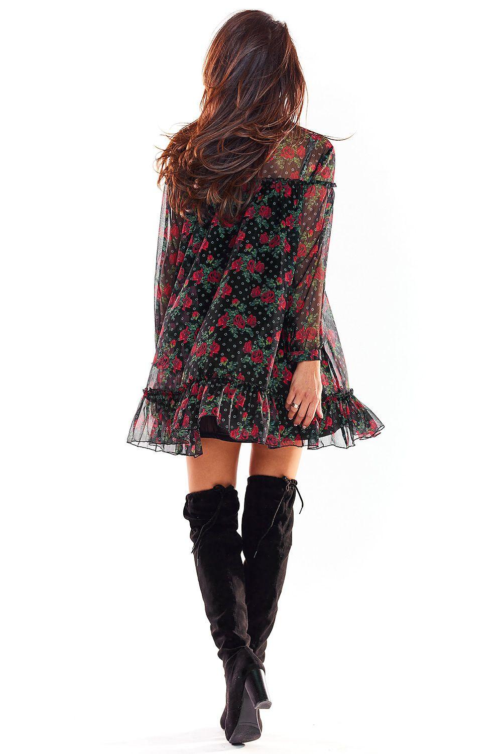 Cocktail dress back view with long sheer sleeves, red rose print, tiered ruffle hem