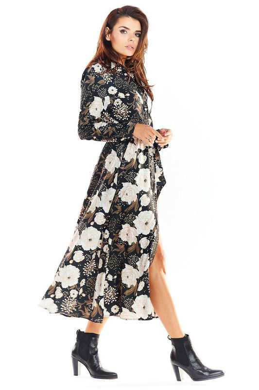 Awama daydress, black floral print with long sleeves, belted waist, midi with side slit