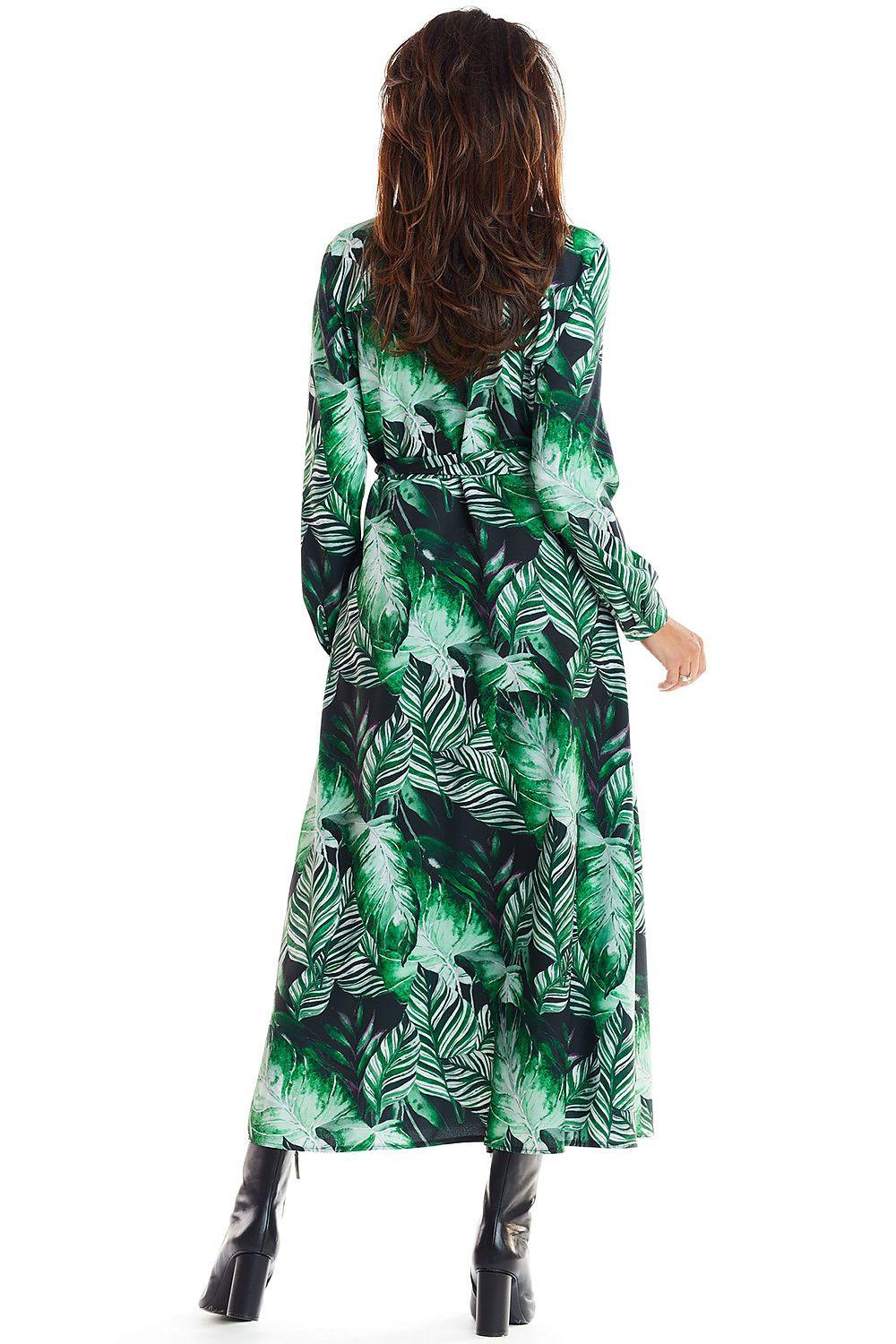 Long-sleeve midi daydress in green leaf print, back view