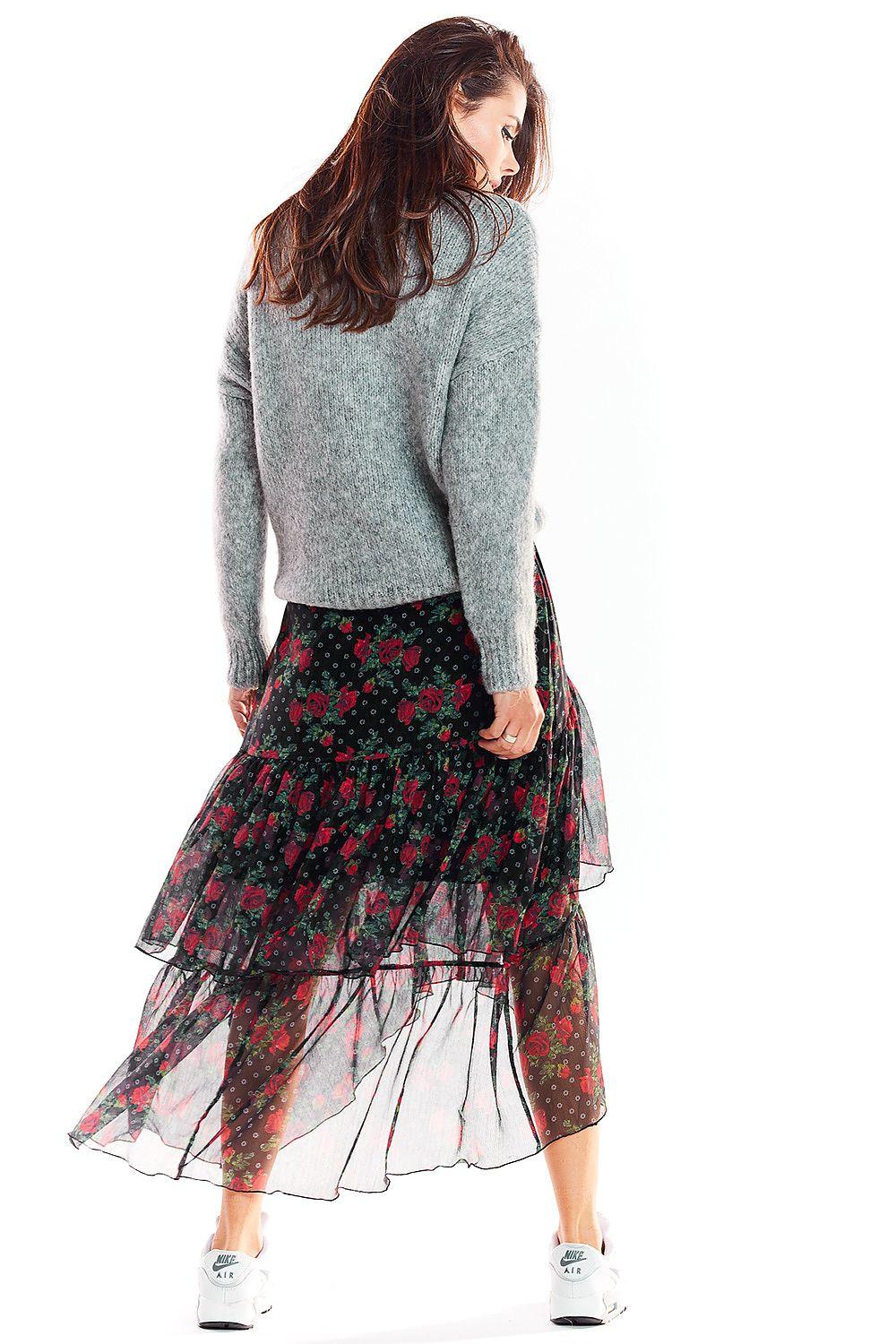 Back-view floral midi skirt with layered mesh ruffles and sheer hem, black base with red and green
