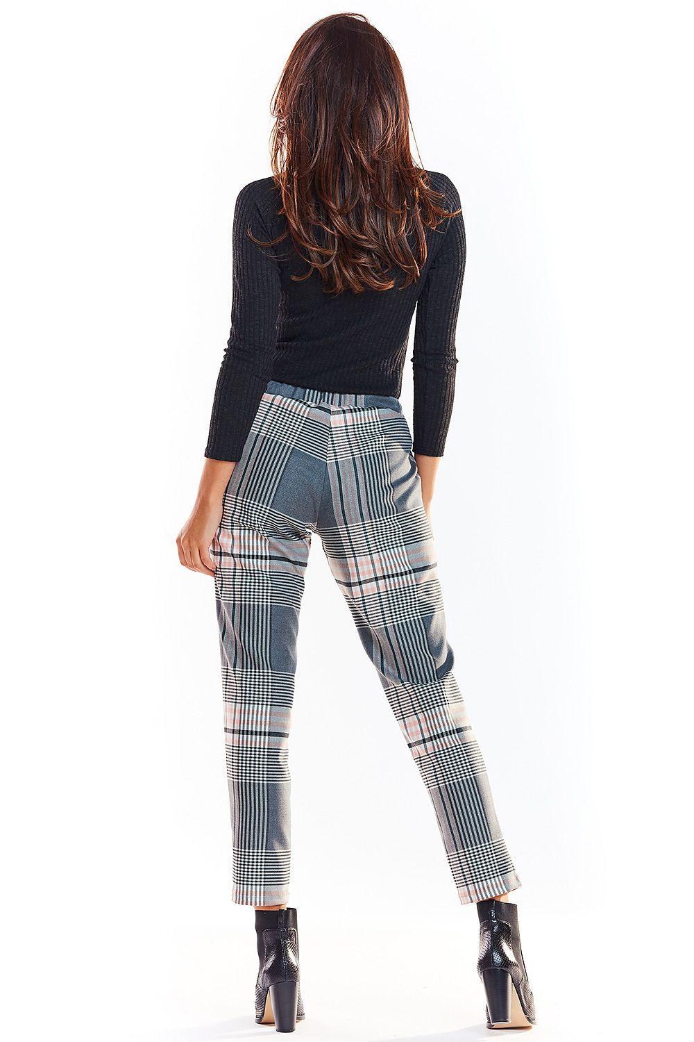 Women’s plaid trousers by Awama, back view, blue and gray check straight-leg trousers