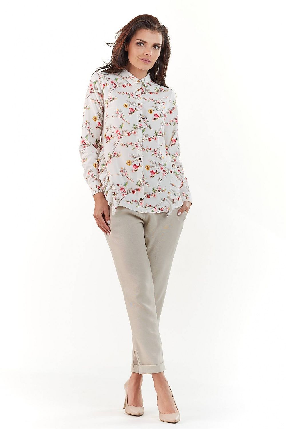 Beige floral long-sleeve shirt with high neckline