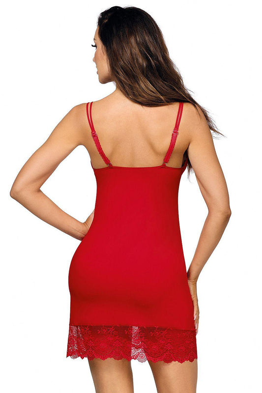 Red backless chemise with adjustable spaghetti straps and lace hem trim