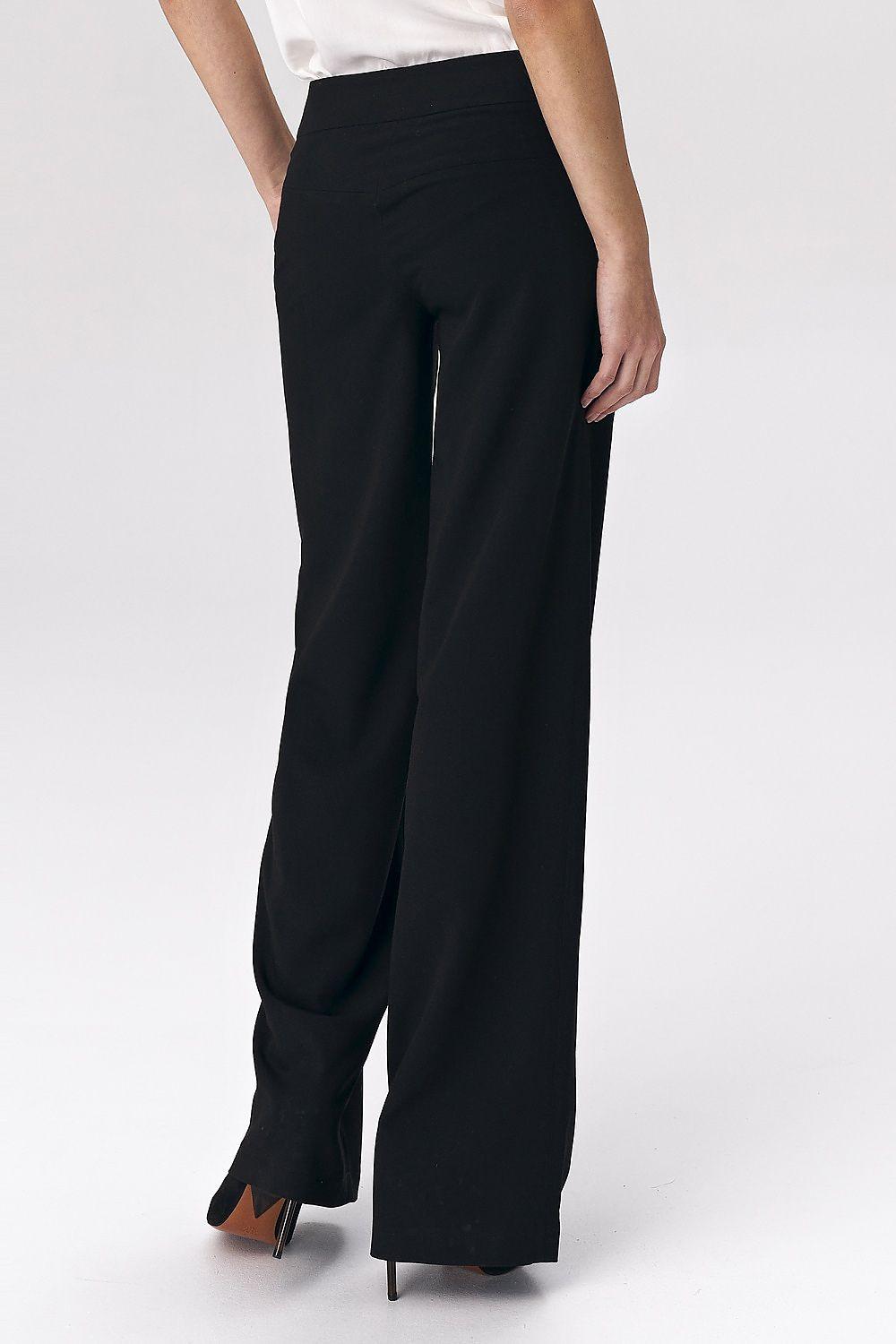 Black palazzo trousers, side view with long wide legs and high waist
