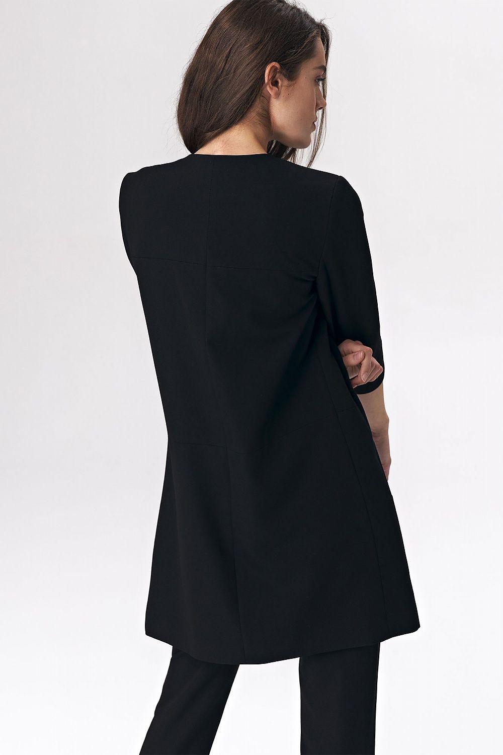 Black long jacket, back view, fitted waist, 3/4 sleeves