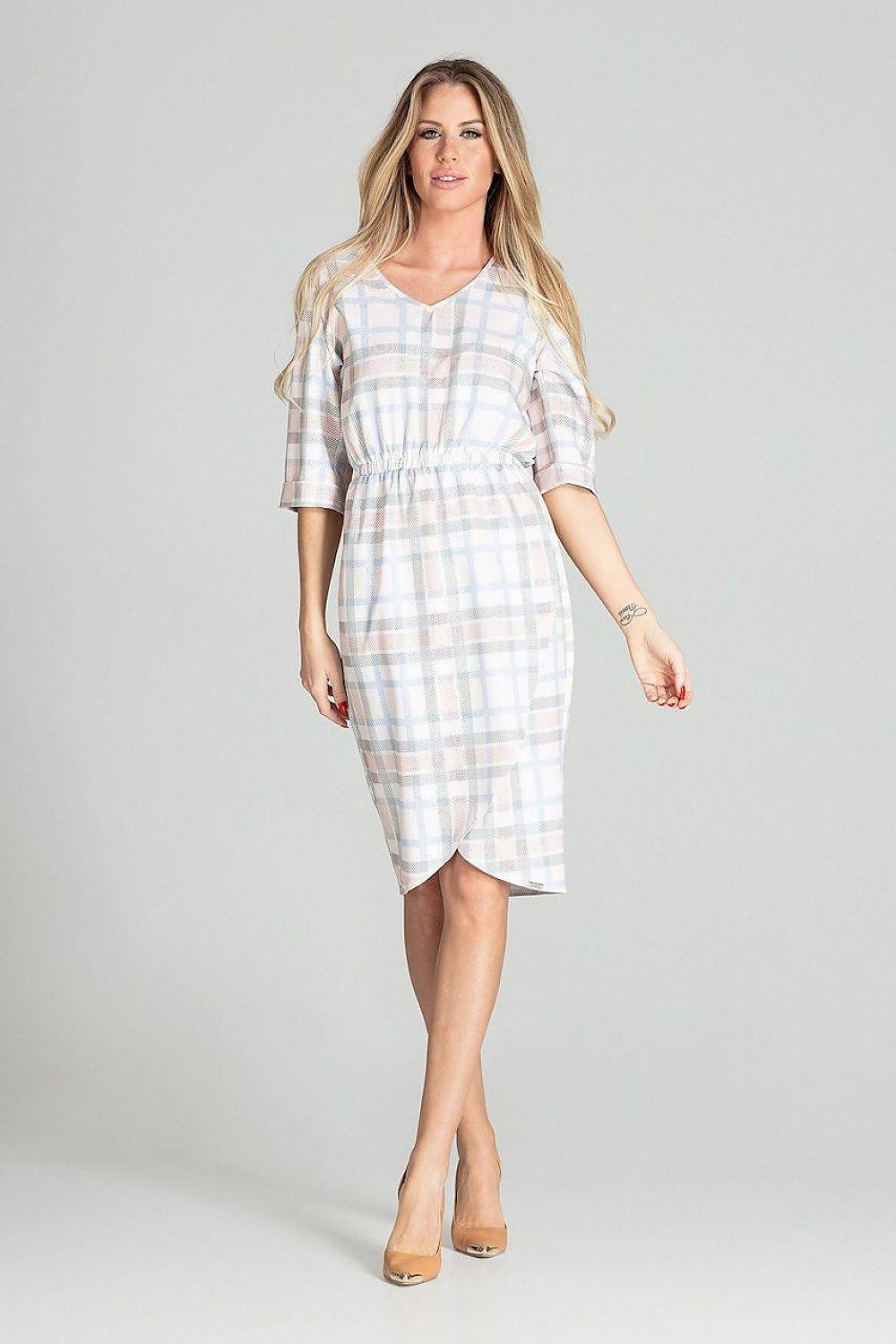 Light plaid daydress with V-neck, gathered waist, three-quarter sleeves, above-knee hem