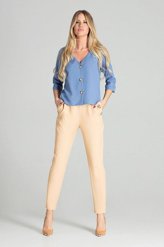 Blue V-neck shirt with button front and 3/4 sleeves
