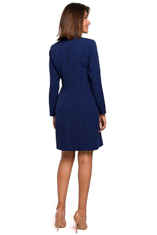 Navy blue day dress, back view with 3/4 sleeves and fitted above-knee hem