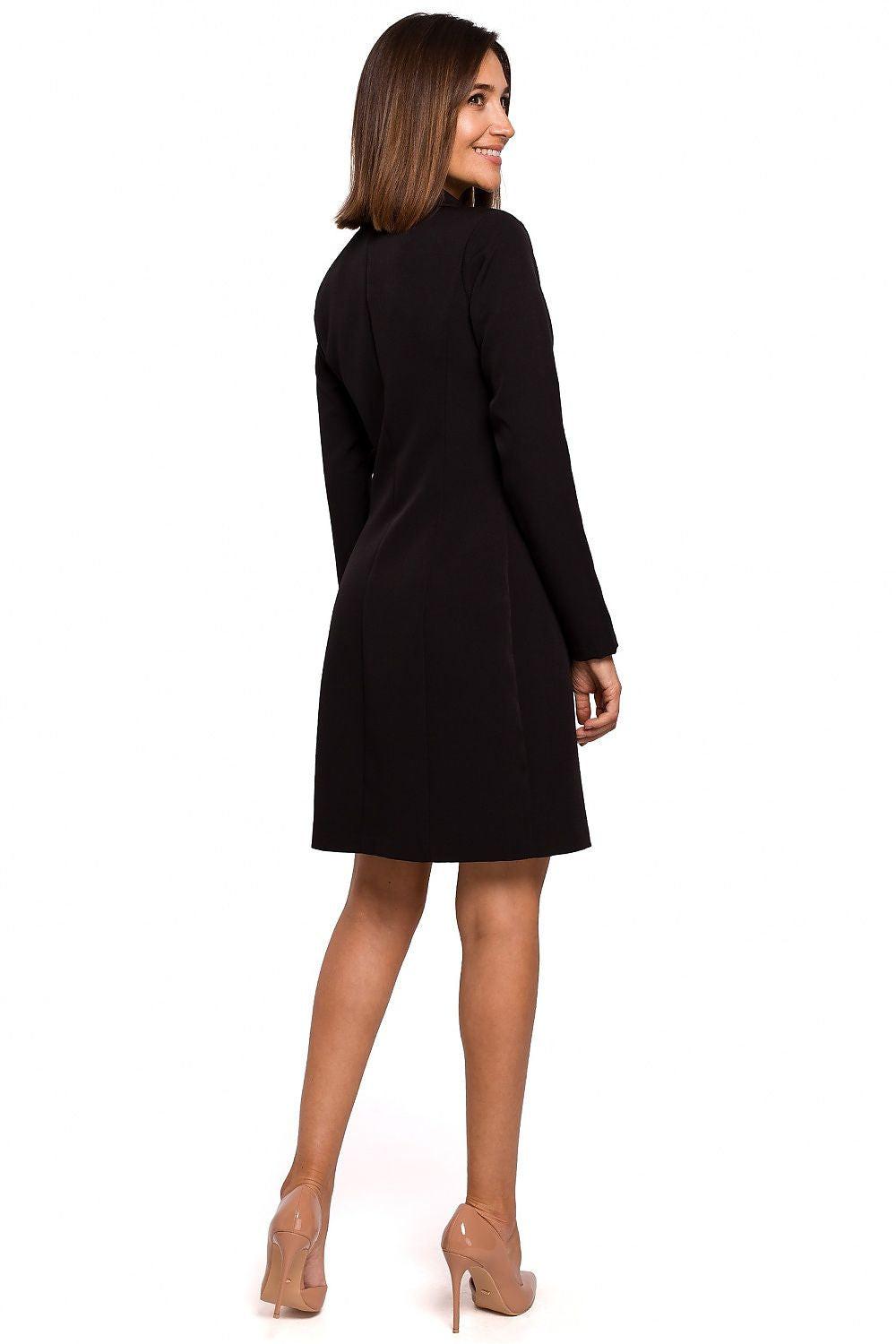 Black V-neck blazer daydress, back view, long sleeves, knee length