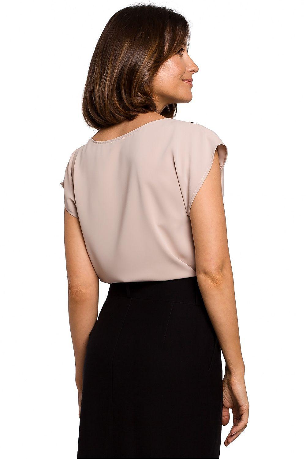 Beige blouse with short sleeves and lace-trim V-neck, back view