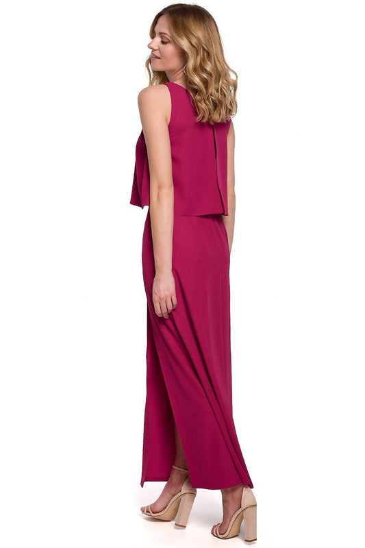 Violet sleeveless cocktail dress with draped overlay and side slit