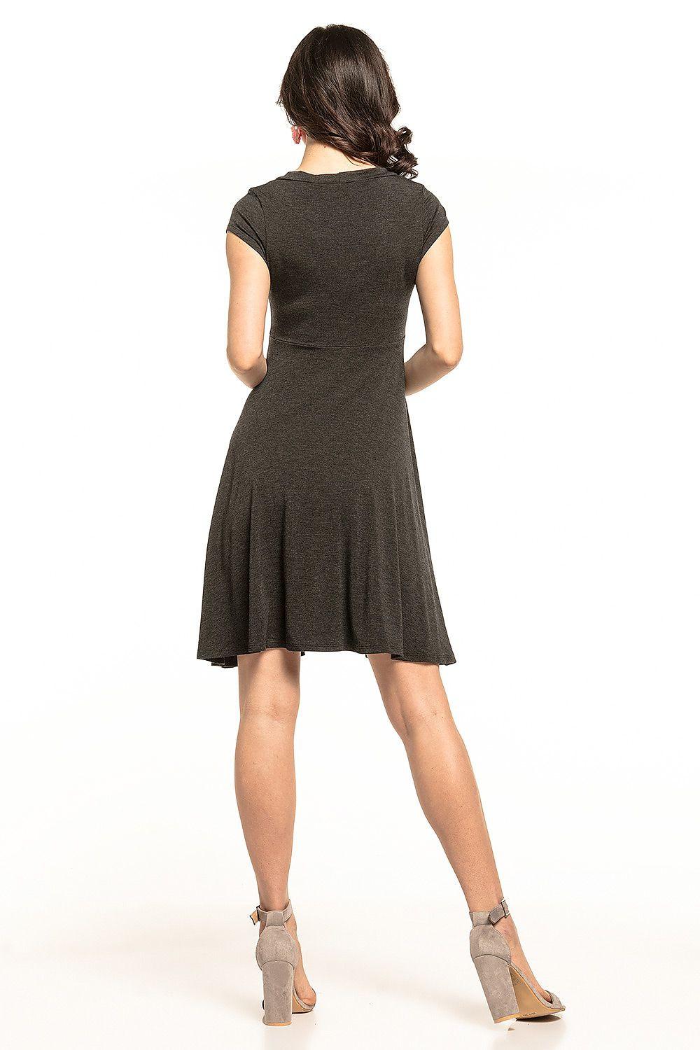 Dark grey cocktail dress, back view with short cap sleeves and flared hem