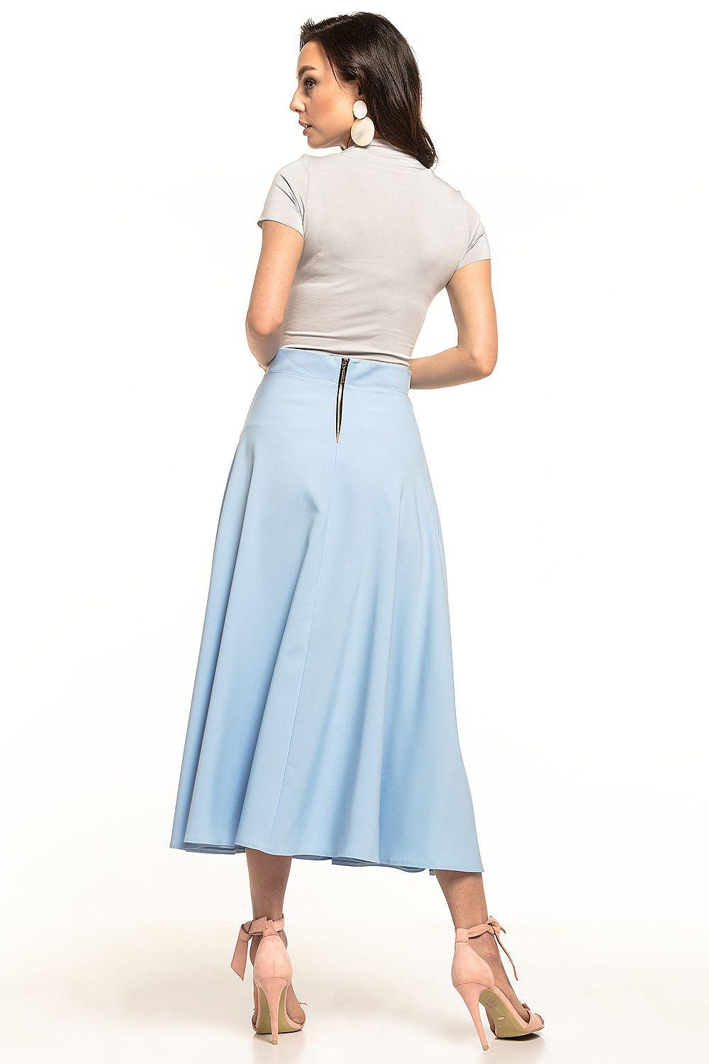 Light blue midi A-line skirt with drawstring waistband and smooth flare