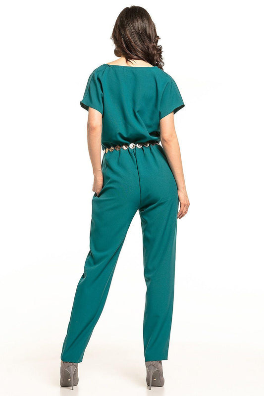 Back-view green V-neck short-sleeve jumpsuit with bead belt and tapered ankle pants