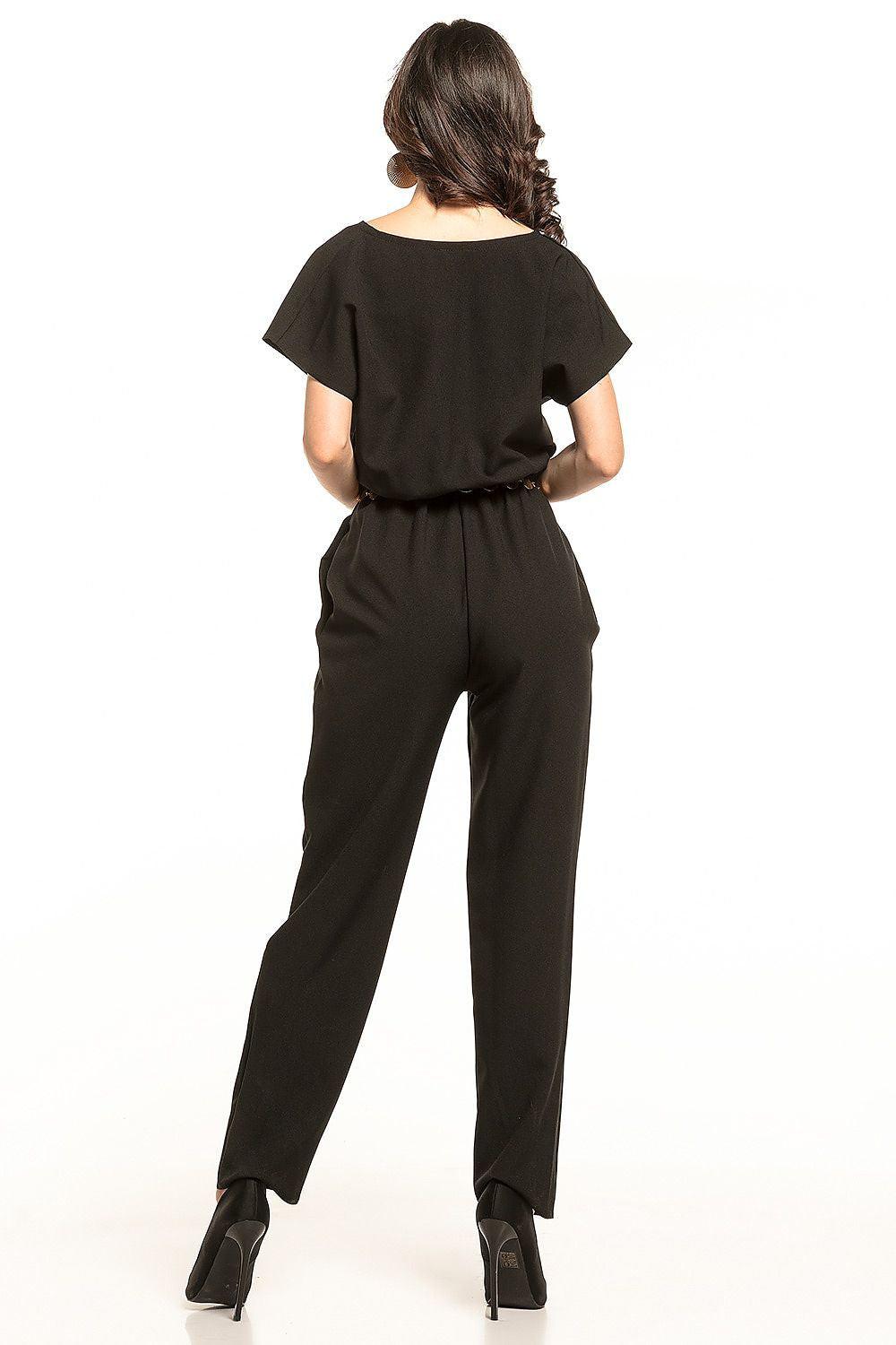 Black V-neck jumpsuit back view with short sleeves, cinched waist and gold button trim