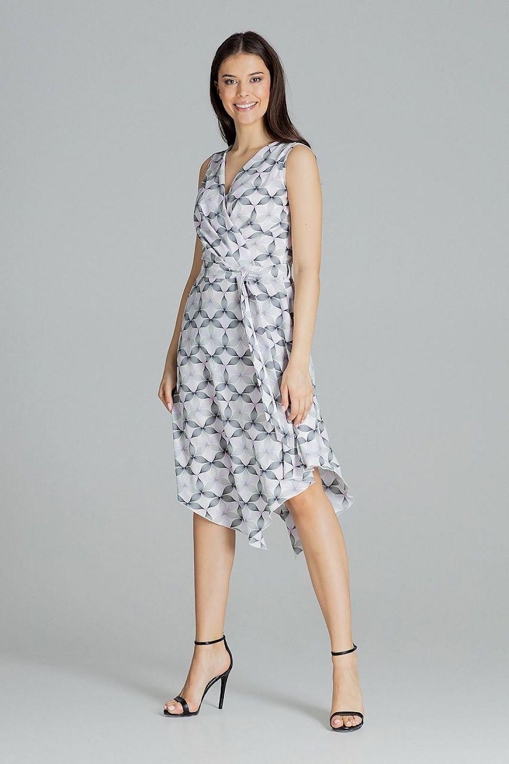 Sleeveless cocktail dress with geometric print, layered skirt and V neckline, midi length