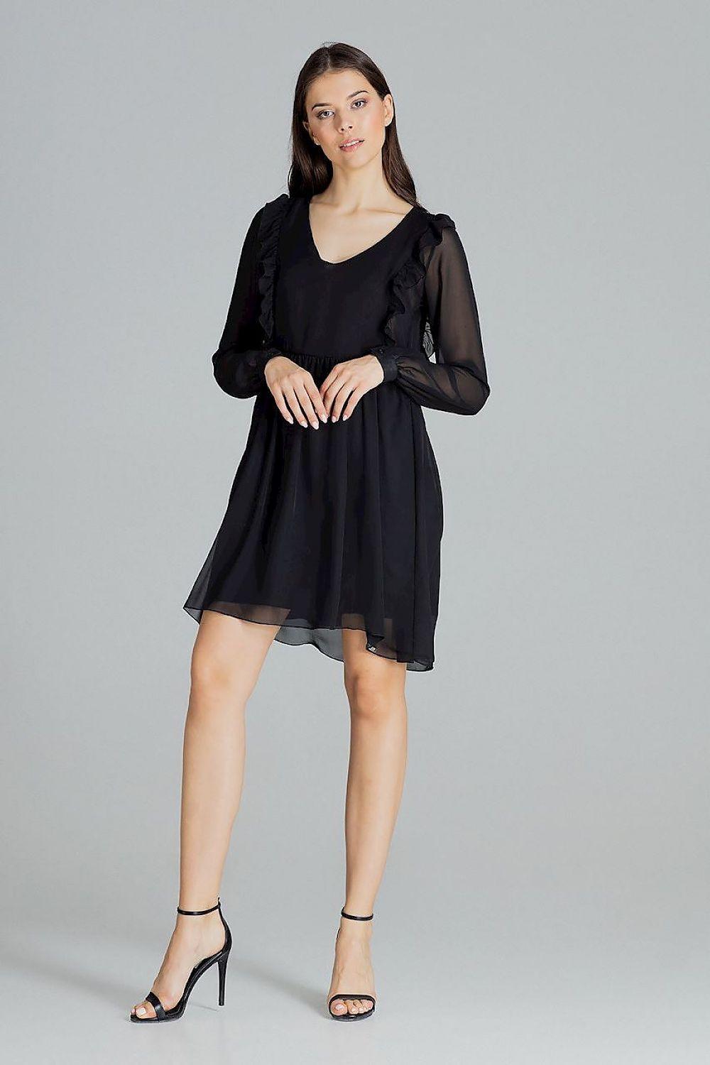 Cocktail dress with V-neck, sheer long puff sleeves, A-line black skirt