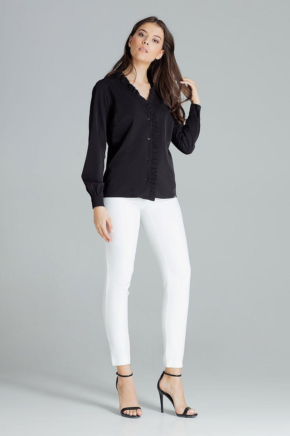 Lenitif black long sleeve blouse with V-neck ruffled front and button placket