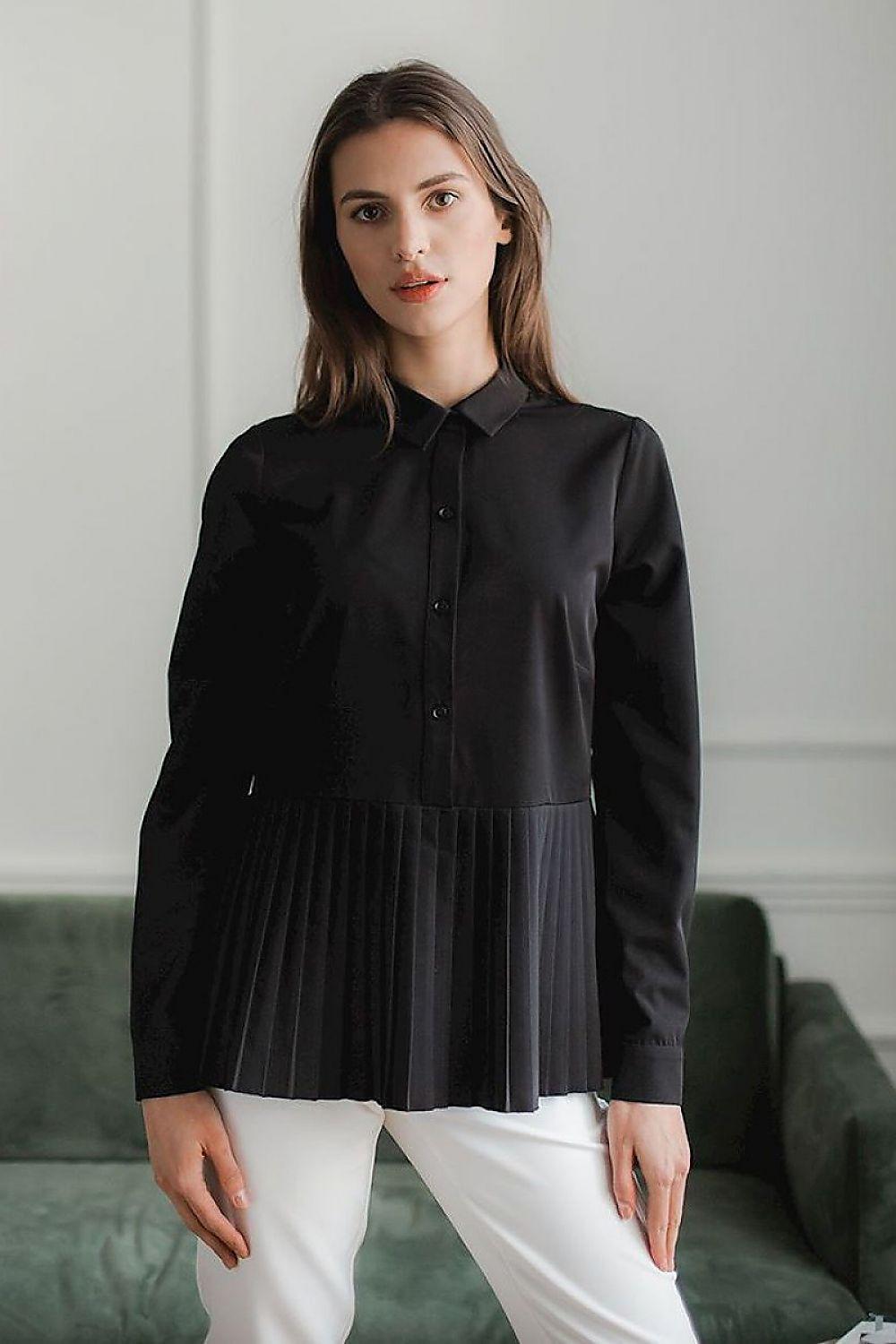 Black long-sleeve blouse with collar, button front, pleated peplum