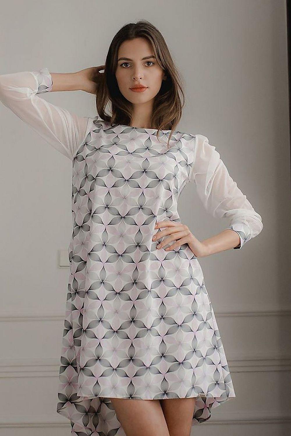 Geometric patterned cocktail dress with sheer long sleeves and ruffled uneven skirt