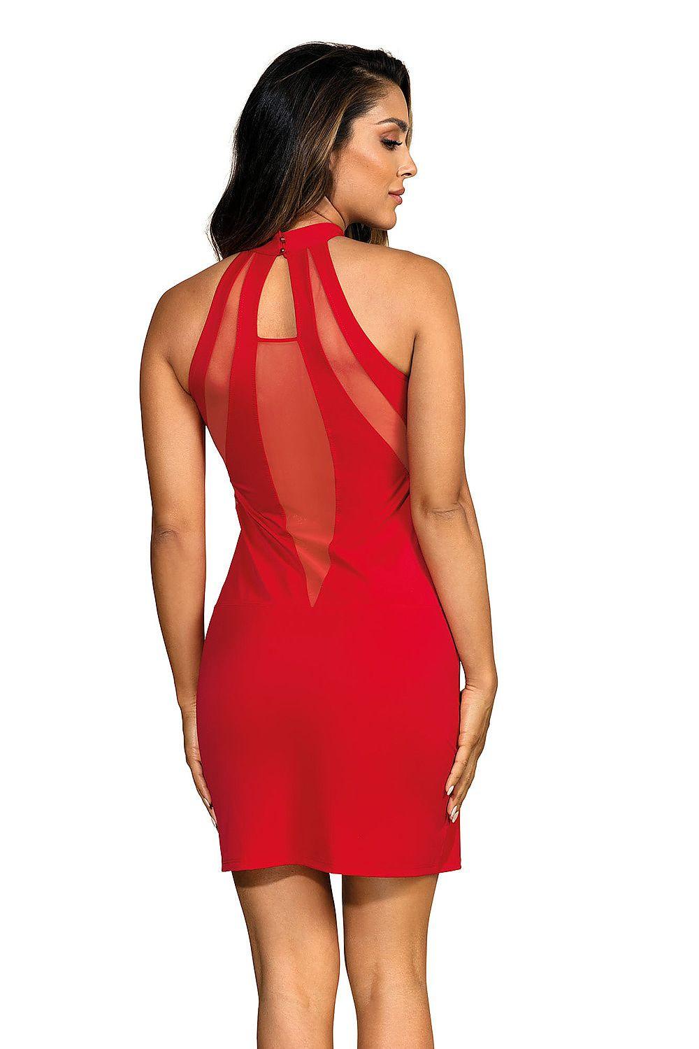 Axami red halter mini dress with open-back mesh stripes