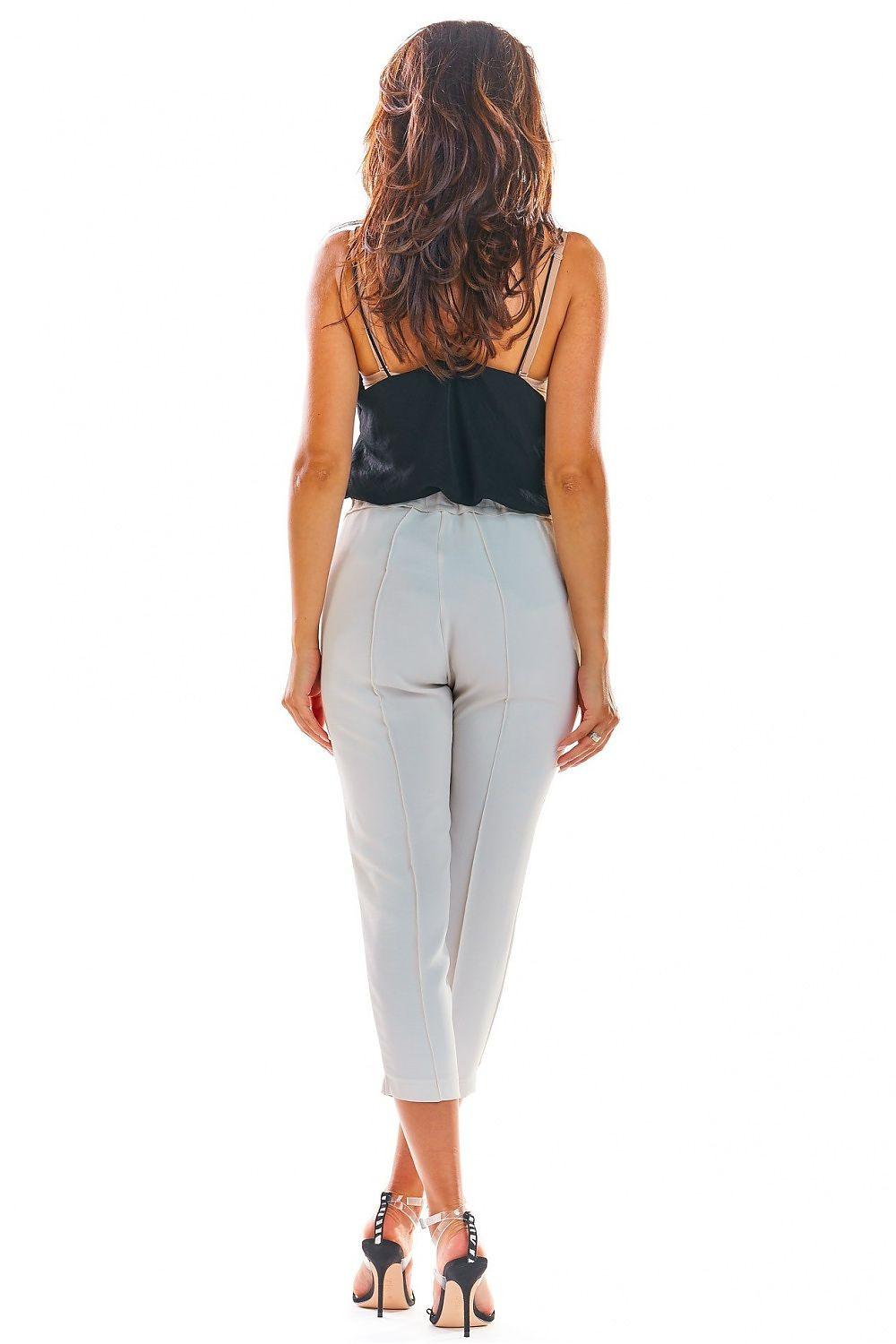 Light cropped trousers, back view, drawstring waist and cuffed ankle hem