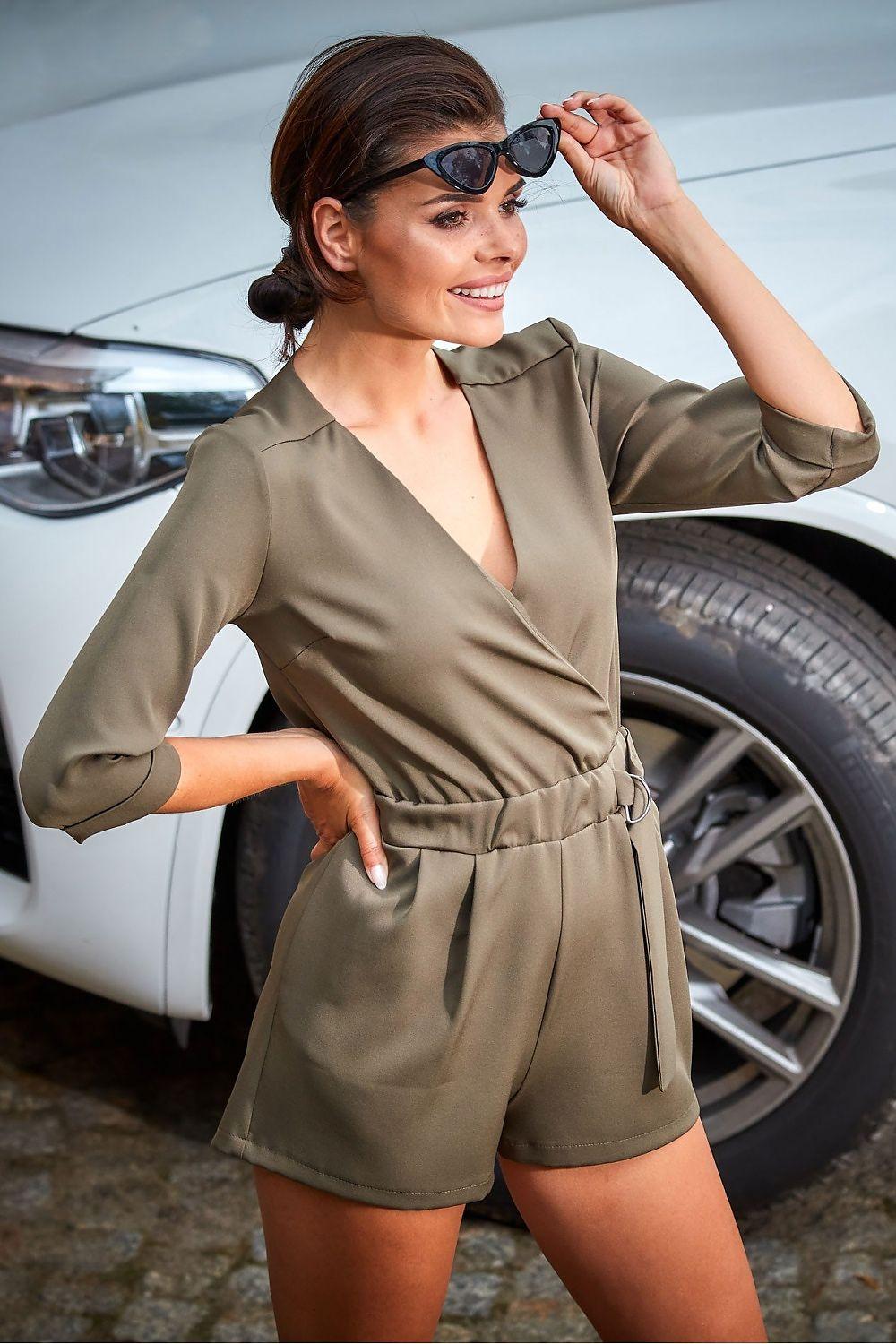 Olive green V-neck long-sleeve romper with waist tie and wrap neckline