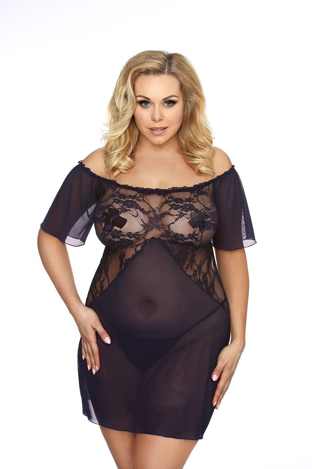Navy blue lace off-shoulder babydoll with mesh short dress