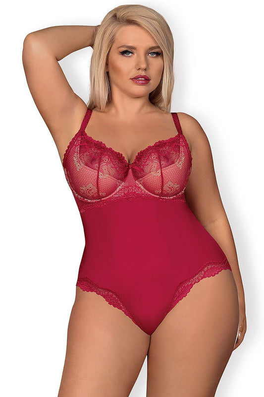 Red lace-trim shapewear bodysuit with underwire cups, thin straps, and high-cut leg