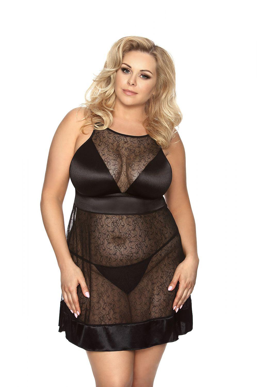 Anais sexy set: black sheer lace slip with satin panels and ruffled hem