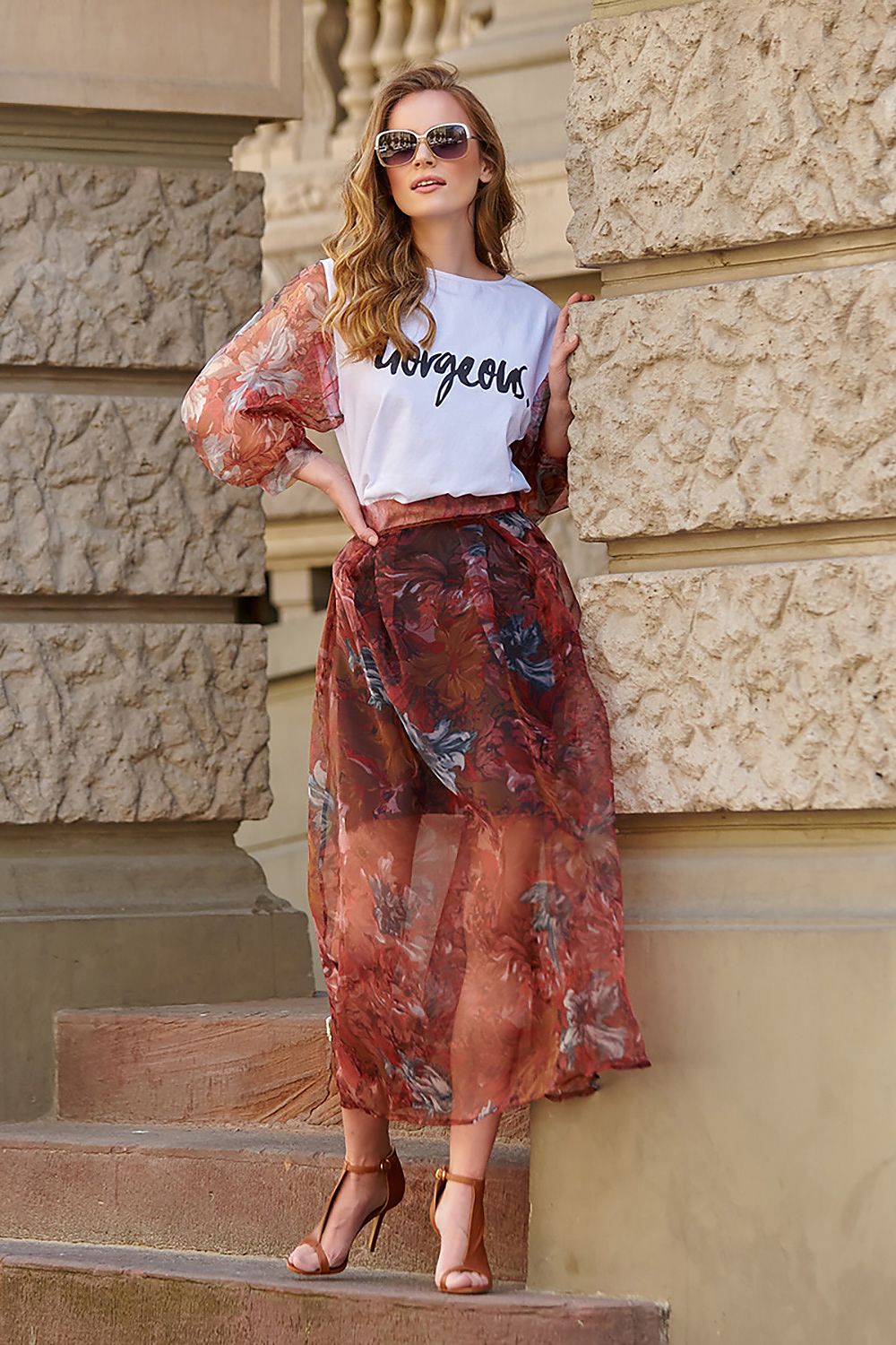 Floral print tulle maxi skirt in red and burgundy with layered look