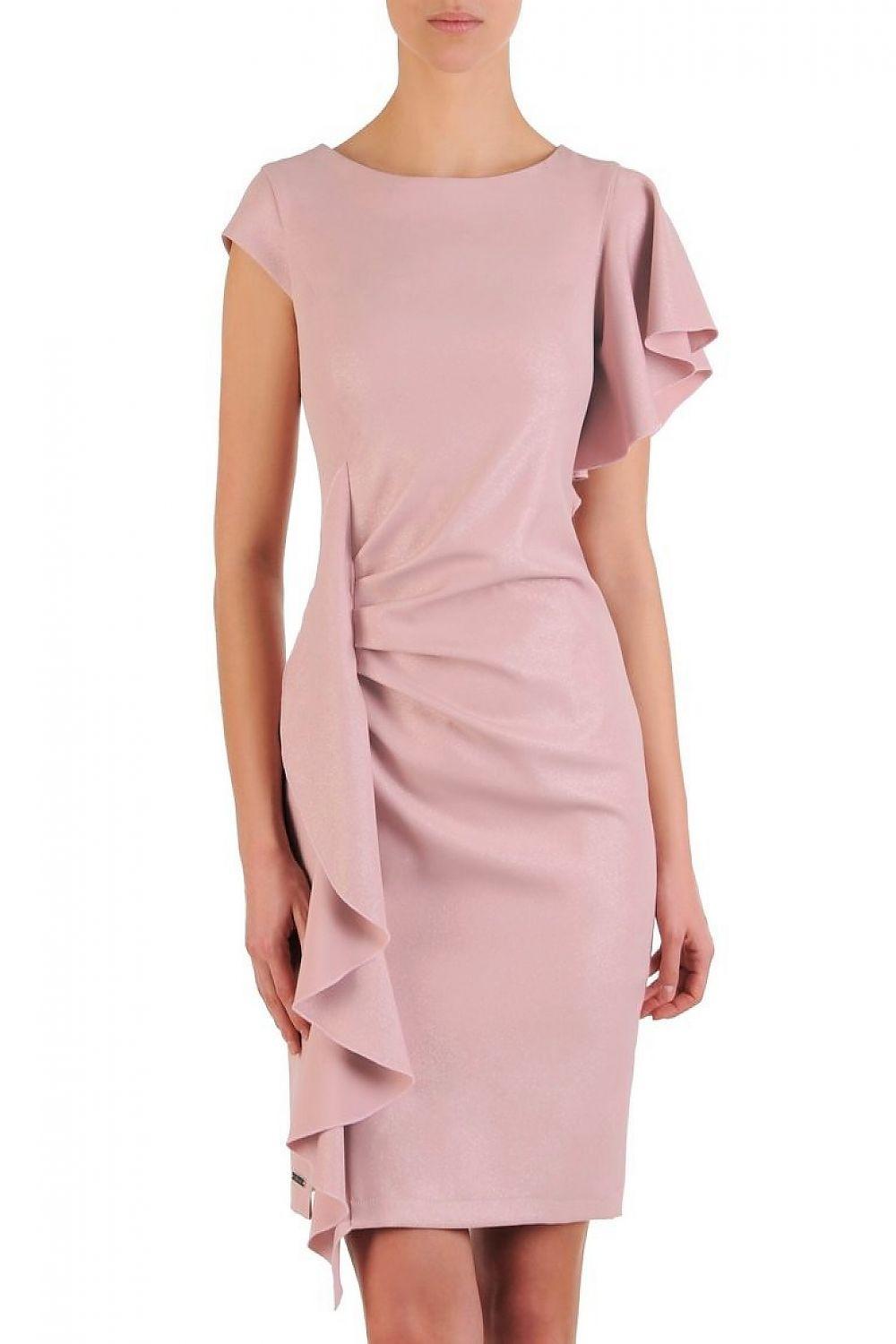 Pink cocktail dress with cap sleeves and layered ruffle drape at the waist