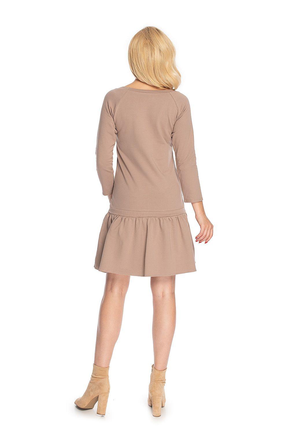 Beige daydress with 3/4 sleeves and gathered skirt, back view
