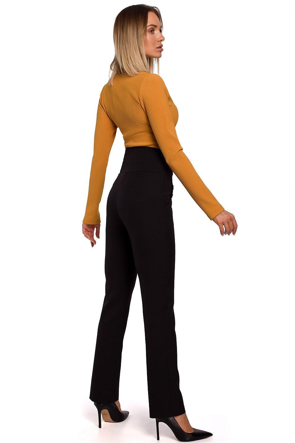 Women's black high-waist straight trousers, side view