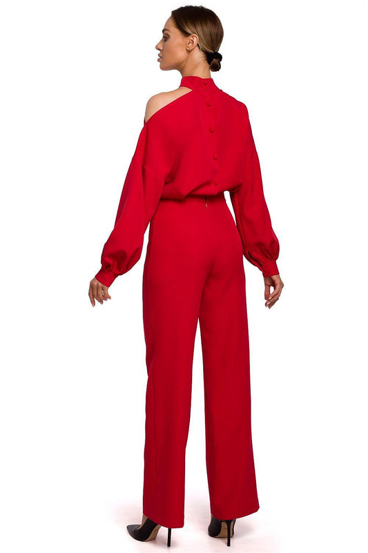 Red jumpsuit with wide-leg pants, off-shoulder neckline, and long puff sleeves (back view)