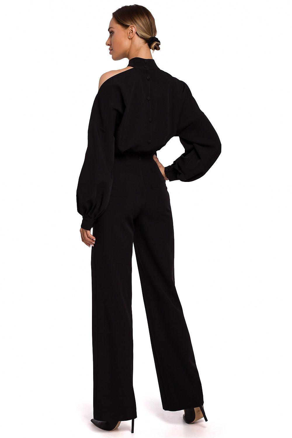 Black off-shoulder blouse and wide-leg trousers set, back view