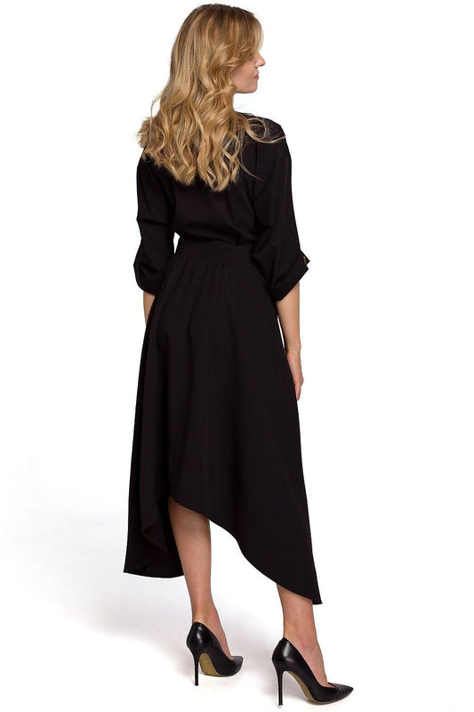 Black day dress, V-neck wrap style with asymmetrical hem and 3/4 sleeves