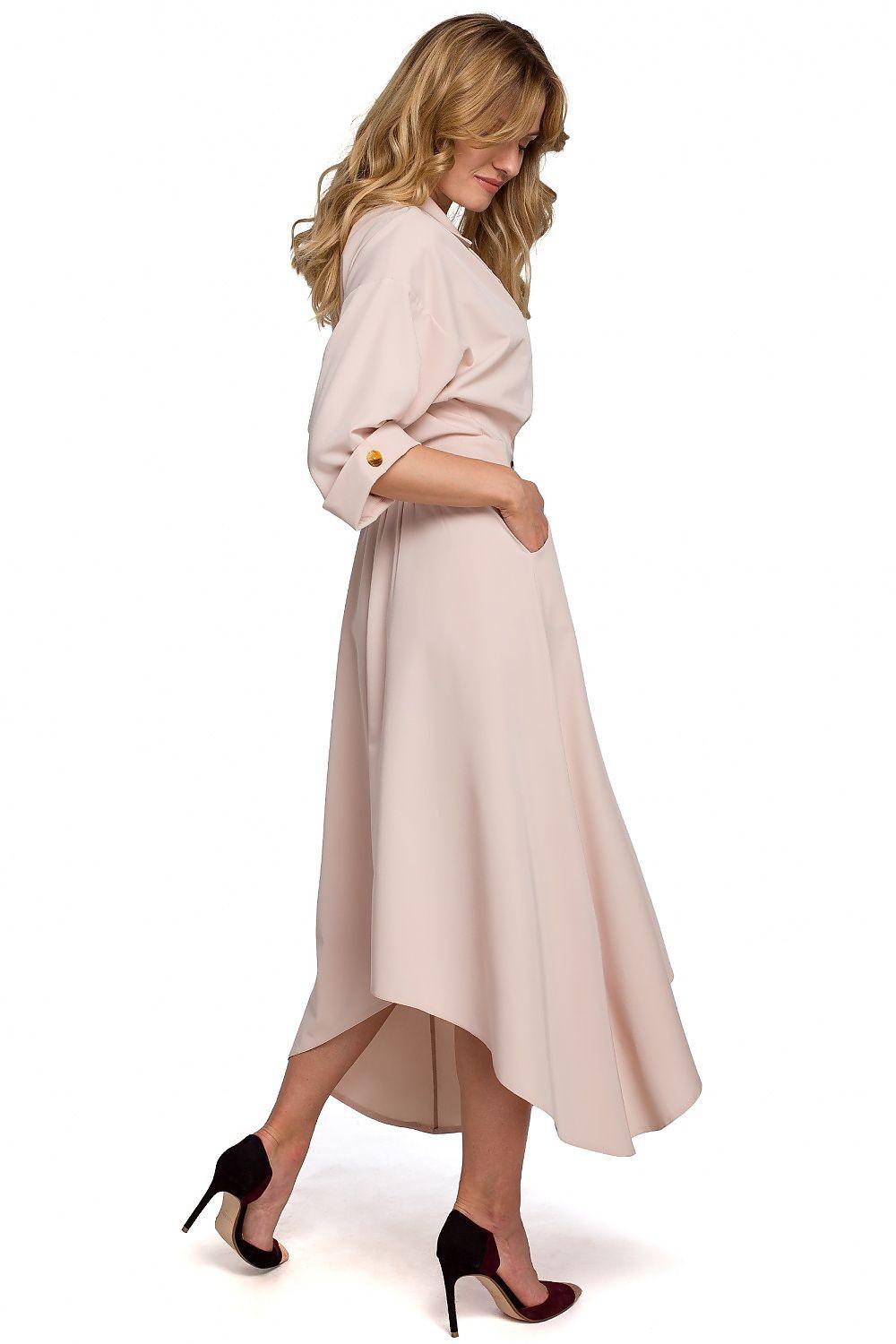 Beige wrap daydress with V-neck, gold buttons, 3/4 sleeves, asymmetrical hem