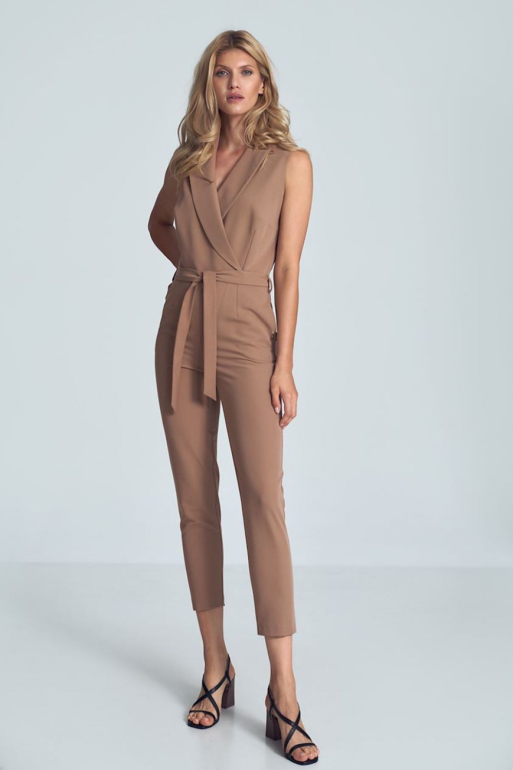 Brown sleeveless V-neck waist-tie jumpsuit with belted waist detail