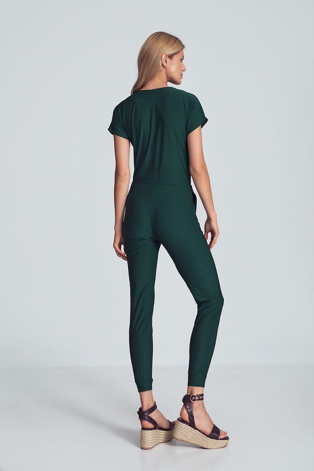 Dark green back-view jumpsuit with short sleeves and tapered ankle-length legs
