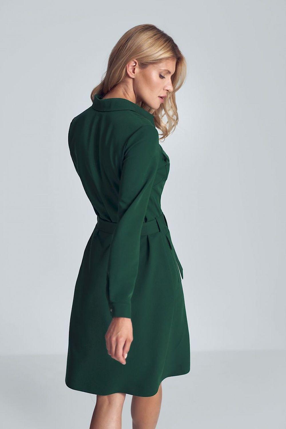 Figl green day dress back view with waist tie belt and long sleeves