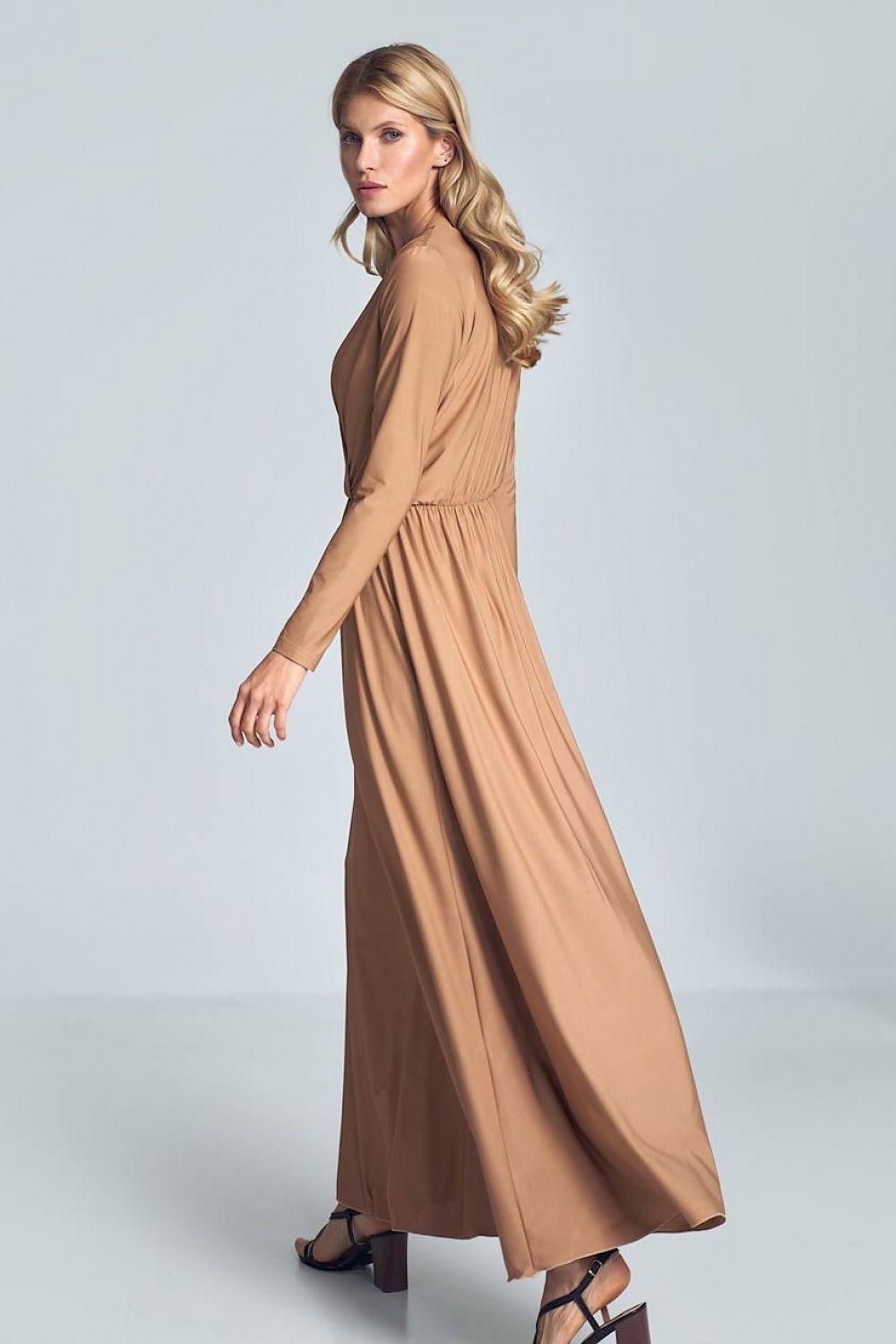 Figl beige daydress side view with wrap-style V-neck, gathered waist and long skirt