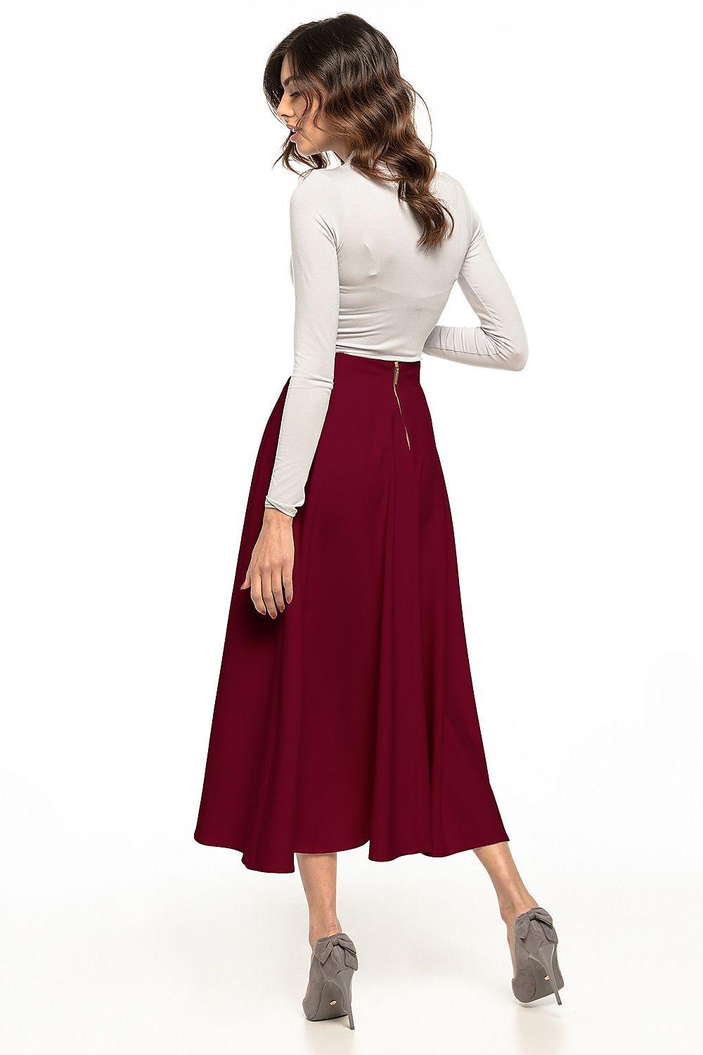 Tessita model 148149 burgundy midi A-line skirt, back view with pleats