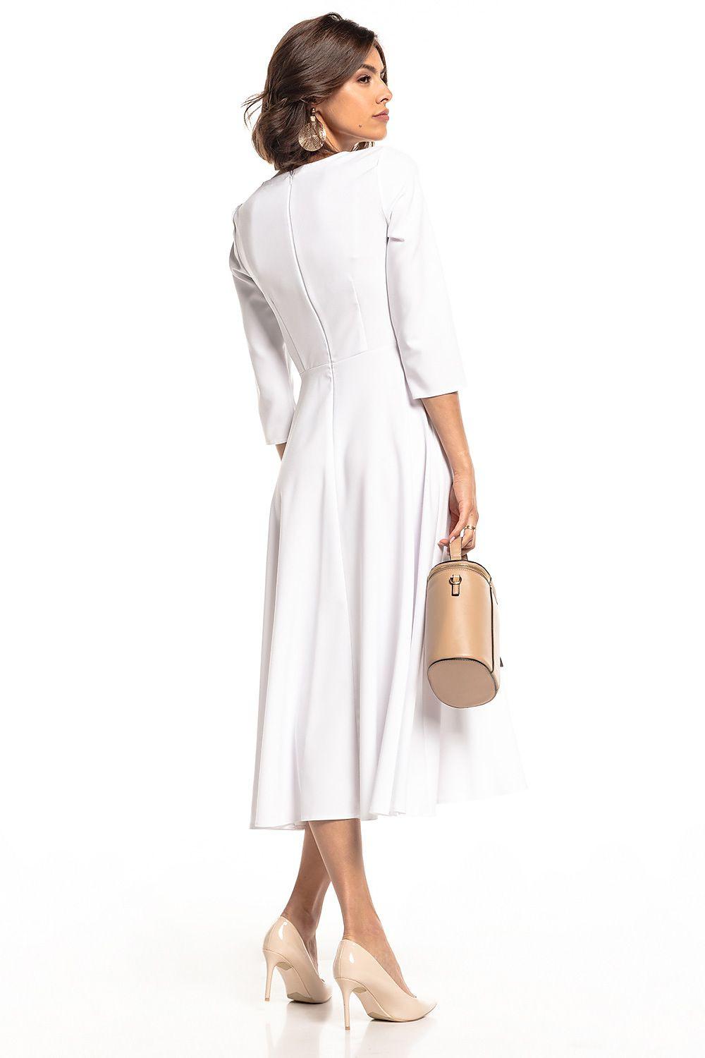 White daydress with 3/4 sleeves and gathered A-line midi skirt, back view