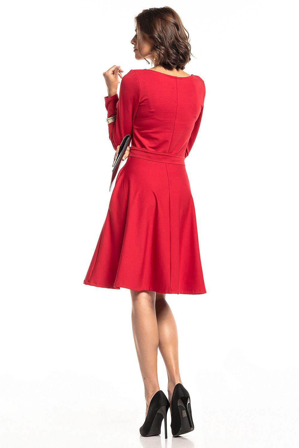 Red V-neck long-sleeve daydress with waist tie and flared knee-length skirt, back view